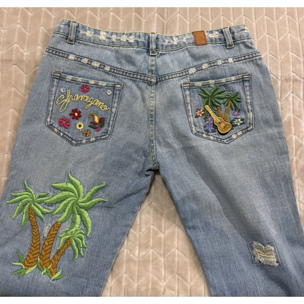 VTG Y2K Sharagano Denim Jeans Sz 31 Embroidered Mid Rise Flare Distressed Boho